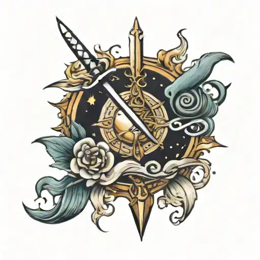 sword and scales moon sun tattoo design idea