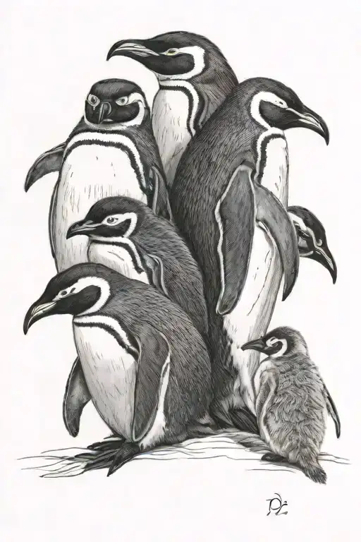 family of two adult and three child Adele penguins tattoo design idea