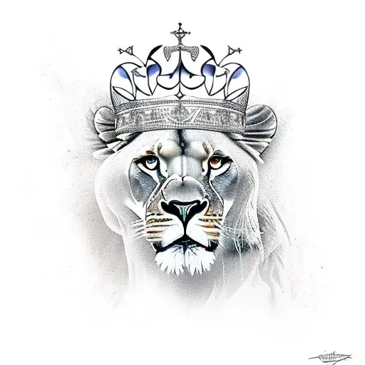 full body lioness wearing a crown tattoo design idea
