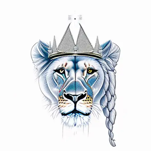 full body lioness wearing a crown tattoo design idea