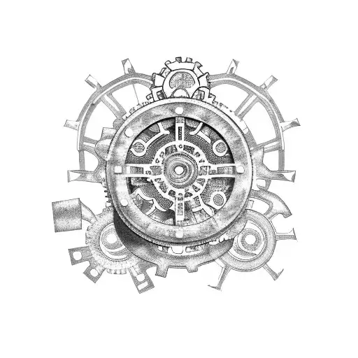 A theatrical mask with mechanical gears and cogs tattoo design idea
