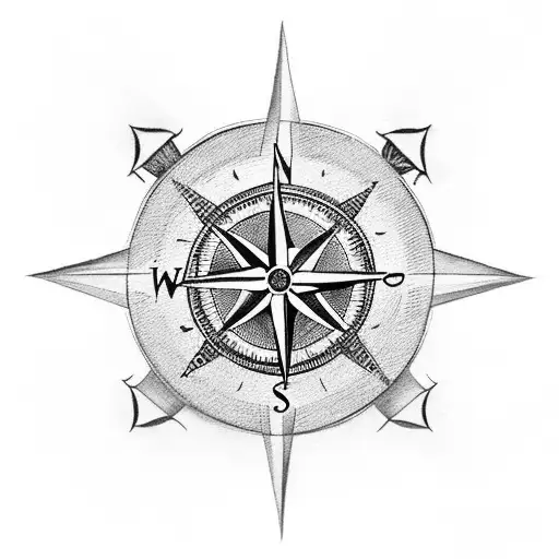 A black-grey tattoo of a compass with musical symbols instead of the cardinal directions, representing the client's passion for music and travel tattoo design idea