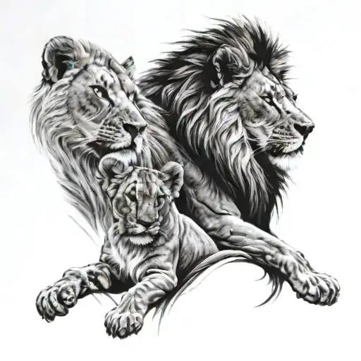 Lion, lioness and baby cub family   sleeve  tattoo design idea