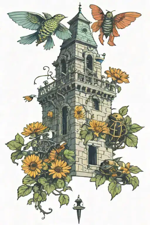 a bell tower within a castle surrounded by turtles and gerbera daisies with a bmx bike tattoo design idea