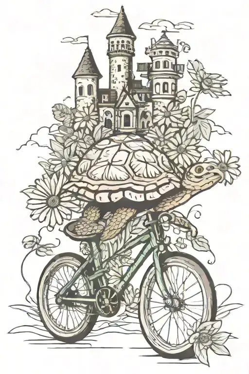 A turtle with a bell shell riding a bike surrounded by gerbera daisies with a castle in the background  tattoo design idea