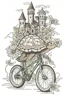 A turtle with a bell shell riding a bike surrounded by gerbera daisies with a castle in the background  tattoo design idea