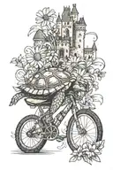 A turtle with a bell shell riding a bike surrounded by gerbera daisies with a castle in the background  tattoo design idea