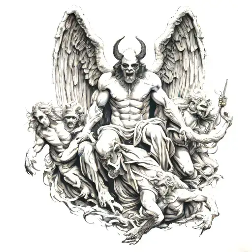 demon trying to escape hell but angels dragging him down tattoo design idea