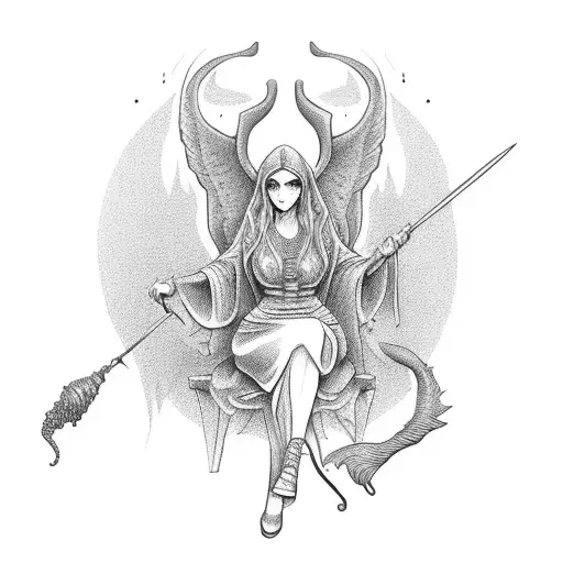 A sculpture of a witch casting a spell in dotwork style tattoo design idea