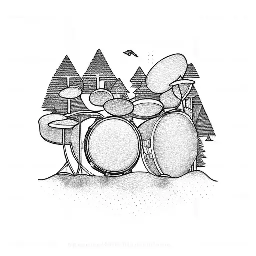 Drum set surrounded by a lush forest scene tattoo design idea