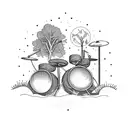 Drum set surrounded by a lush forest scene tattoo design idea