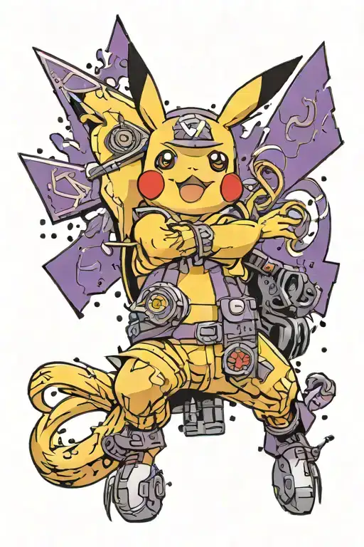 In a vibrant battlefield under a twilight sky of orange and purple hues, Pikachu, embodying Naruto's resolve, rides atop tattoo design idea