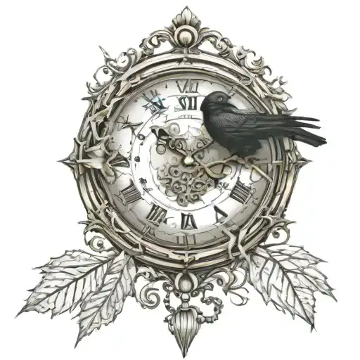 vintage clock with a raven with leaves and spider web tattoo design idea