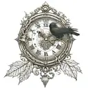 vintage clock with a raven with leaves and spider web tattoo design idea