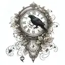 vintage clock with a raven with leaves and spider web tattoo design idea