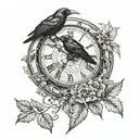 vintage clock with a raven with leaves and spider web tattoo design idea