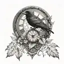 vintage clock with a raven with leaves and spider web tattoo design idea