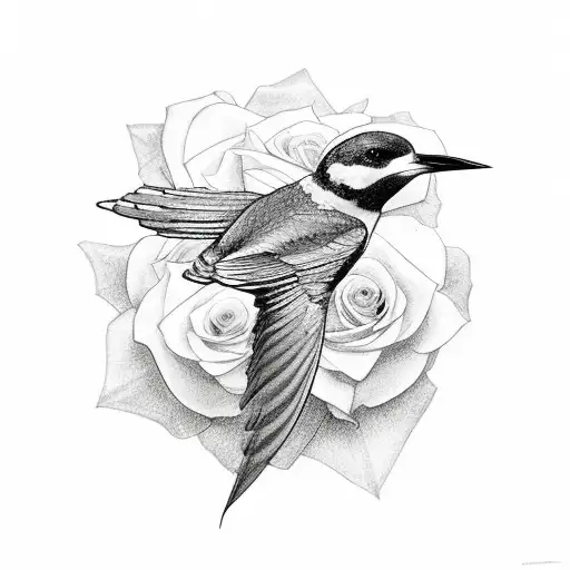 swallow bird with open wings end roses underbuster tattoo design idea
