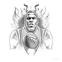 A powerful giant with an american football in hand, surrounded by black and grey flames tattoo design idea