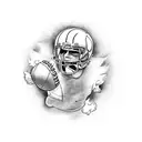 A powerful giant with an american football in hand, surrounded by black and grey flames tattoo design idea