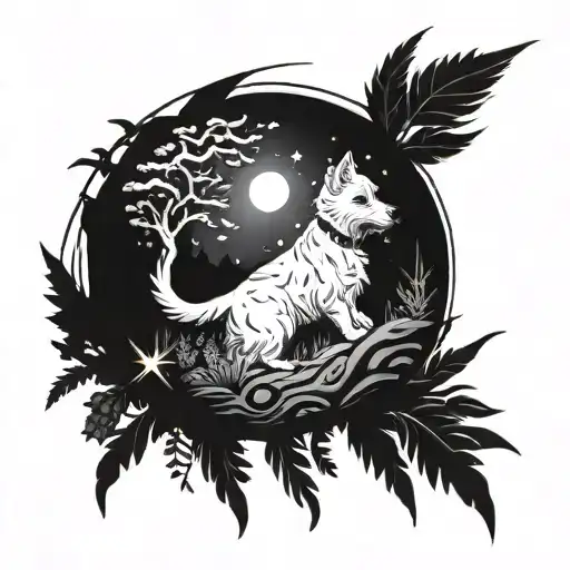 A cosmic scene with planets and stars swirling around the top of the arm, transitioning into a lush forest with a river winding through pine trees and a playful westie dog in the middle section, and ending with a vibrant underwater world filled with a scuba diver exploring alongside various ocean animals at the bottom tattoo design idea