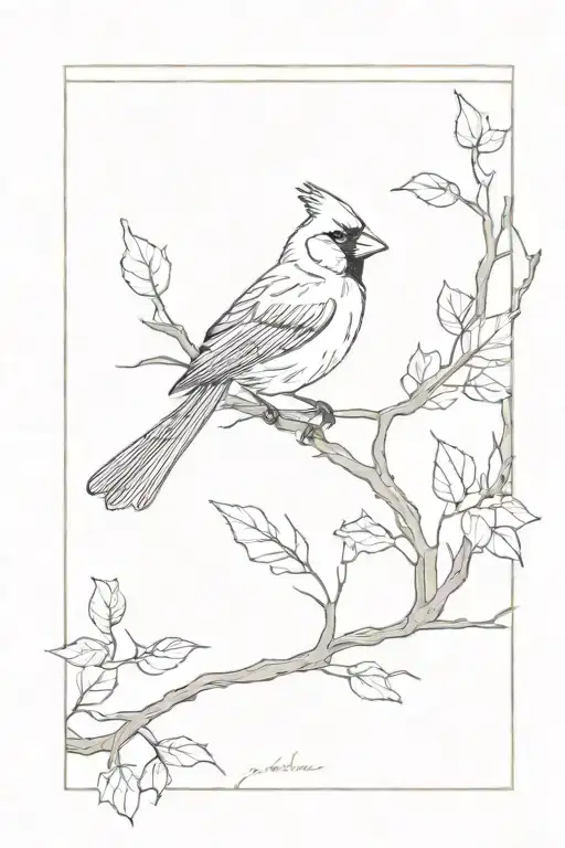 cardinal on branch inside picture frame tattoo design idea