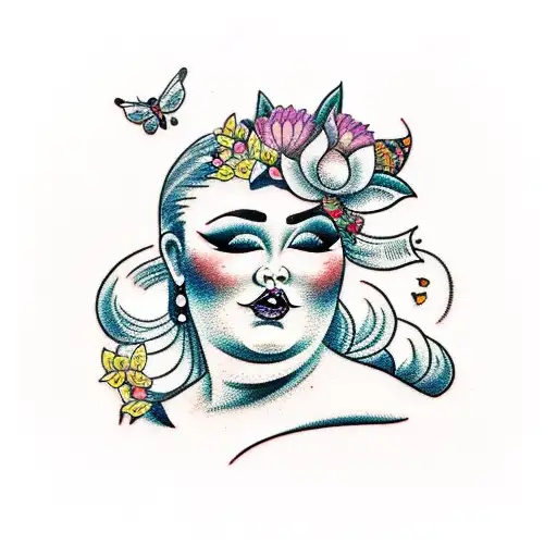 A traditional-style tattoo of a fat pinup girl with tattooed arms, surrounded by flowers and butterflies, representing her beauty and resilience. tattoo design idea