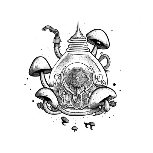 potion bottle, purple witch hat, mushrooms, flowers,  tattoo design idea