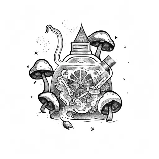 potion bottle, witch hat, mushrooms, flowers,  tattoo design idea