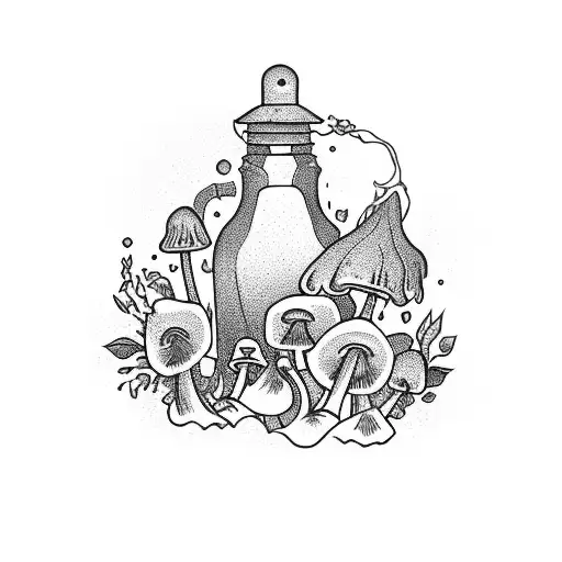 potion bottle, purple witch hat, mushrooms, flowers,  tattoo design idea
