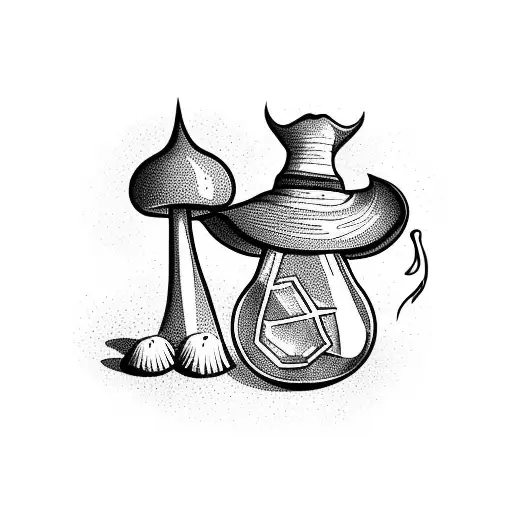potion bottle, witch hat, mushrooms, flowers,  tattoo design idea