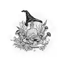 potion bottle, witch hat, mushrooms, flowers,  tattoo design idea