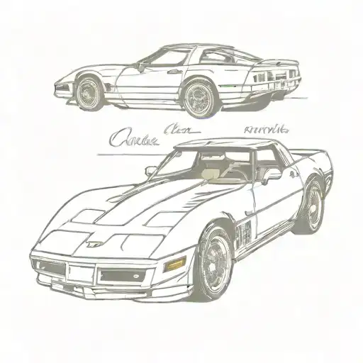 side view of a 1987 corvette in a vintage fine line style. make it look like a hand drawn vintage car ad tattoo design idea