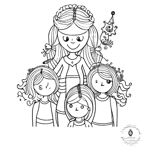 A whimsical illustration of a mother figure with beautifully styled hair, surrounded by her children and their favorite hair accessories. tattoo design idea