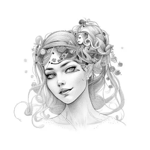 A whimsical illustration of a mother figure with beautifully styled hair, surrounded by her children and their favorite hair accessories. tattoo design idea