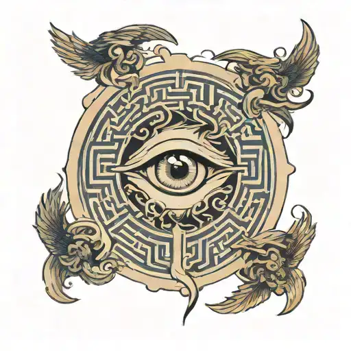 A labyrinth with eye at center. Supporting Elements:Subtle incorporation of key,hourglass and ouroboros around labyrinth tattoo design idea