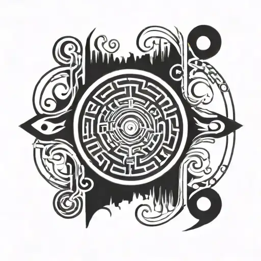 A labyrinth with an eye at the center, symbolizing the journey towards hidden knowledge, key and ouroboros and hourglass tattoo design idea