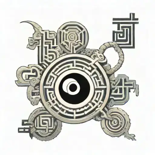 A labyrinth with eye at center. Supporting Elements:Subtle incorporation of key,hourglass and ouroboros around labyrinth tattoo design idea