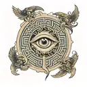A labyrinth with eye at center. Supporting Elements:Subtle incorporation of key,hourglass and ouroboros around labyrinth tattoo design idea