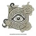 A labyrinth with eye at center. Supporting Elements:Subtle incorporation of key,hourglass and ouroboros around labyrinth tattoo design idea