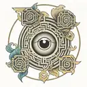 A labyrinth with eye at center. Supporting Elements:Subtle incorporation of key,hourglass and ouroboros around labyrinth tattoo design idea