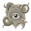 A labyrinth with eye at center. Supporting Elements:Subtle incorporation of key,hourglass and ouroboros around labyrinth tattoo design idea