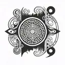 A labyrinth with an eye at the center, symbolizing the journey towards hidden knowledge, key and ouroboros and hourglass tattoo design idea