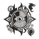 A labyrinth with an eye at the center, symbolizing the journey towards hidden knowledge, key and ouroboros and hourglass tattoo design idea