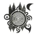 A labyrinth with an eye at the center, symbolizing the journey towards hidden knowledge, key and ouroboros and hourglass tattoo design idea