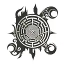 A labyrinth with an eye at the center, symbolizing the journey towards hidden knowledge, key and ouroboros and hourglass tattoo design idea