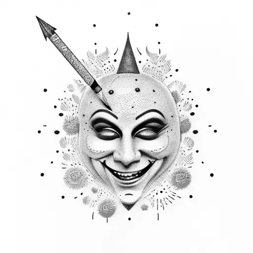 A dotwork tattoo of a laughing comedy mask surrounded by psychedelic drugs and fireworks tattoo design idea