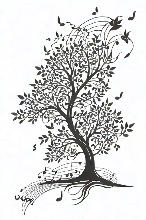 A minimalist tattoo of a tree with music notes as leaves blowing in the wind tattoo design idea