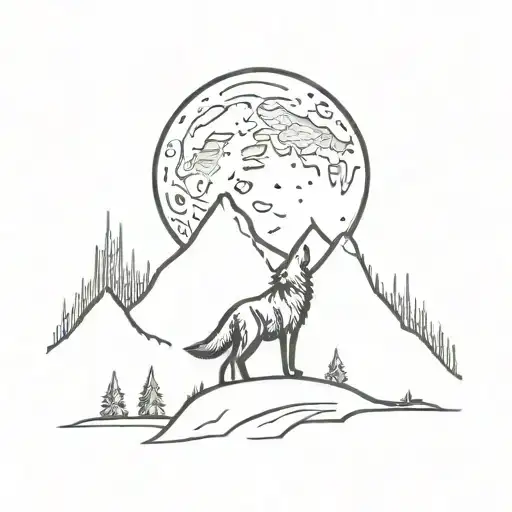A lone wolf howling at the moon surrounded by a forest silhouette tattoo design idea