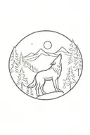 A lone wolf howling at the moon surrounded by a forest silhouette tattoo design idea